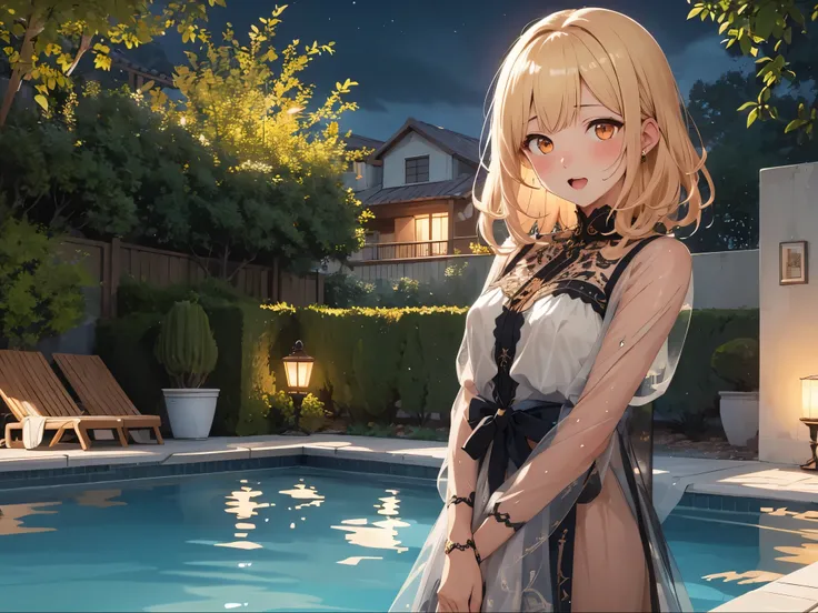 highest quality, masterpiece), intricate details, Beautiful and dense face, See-through, looking at the viewer, night pool, blush, open your mouth,, dull bangs, Happy, Are standing, Blonde hair,cowboy shot,orange eyes,