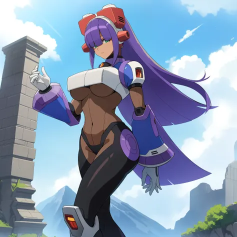 layer_megamanx, 1girl, solo, long hair, purple hair, green eyes, blunt bangs, hair over eyes, large breasts, dark skin, dark-skinned female, android, underboob, robot ears, high quality, masterpiece, standing on a hill with mountains around him, in the sty...