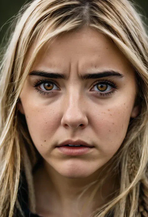 Senior girl with upset expression, con cabello rubio oscuro, ojos avellana, vestimenta nordica, cicatrices en el rostro, en el estilo de Vinland Saga