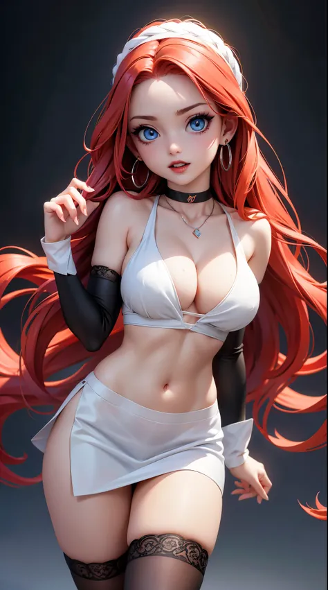 1 beautiful woman, 20 years old, long red hair (braided), pale white skin (highly detailed), bright blue eyes (vampire eyes), perfect body, perfect abdomen, perfectly round butt, makeup, red lips, earrings, necklace, choker, bracelets, accessories, hair ba...