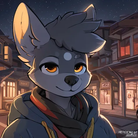 (best quality, ultra-detailed, 8k, uhd:1.2), top-quality，best qualityer，rzminjourney，vectorial art，High quality illustrationtiz，tmasterpiece）（komono，furry anthro），round form，Bust，the street，(Boy black humanoid dog:1.2), Smiling warmly，Flashing friendly pea...