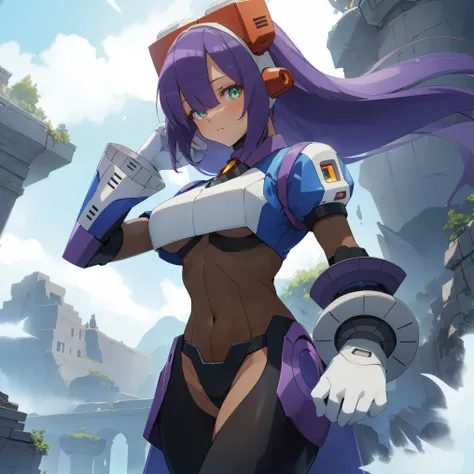 layer_megamanx, 1girl, solo, long hair, purple hair, green eyes, blunt bangs, hair over eyes, large breasts, dark skin, dark-skinned female, android, underboob, robot ears, high quality, masterpiece, standing on a hill with mountains around him, in the sty...