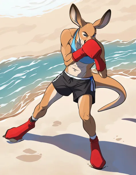 Illustration of a kangaroo, wearing red gloves, shadowboxing on a beach