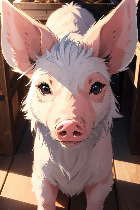 A perfectly detailed 8K CG Unity image of a pig, showcasing ultra-realistic textures and stunningly accurate facial features. The pigs snout is sharply defined, its nostrils flared open in a gentle breath. Its eyes are bright and expressive, with perfectly...