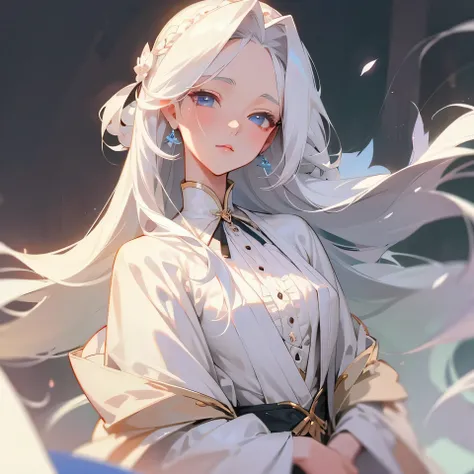 White hair girl, aristocrat manhwa, vintage gown, chest up, white long hair, head piece, soft pastel eyes, appropriate clothes, covered chest, close up, zoom in face