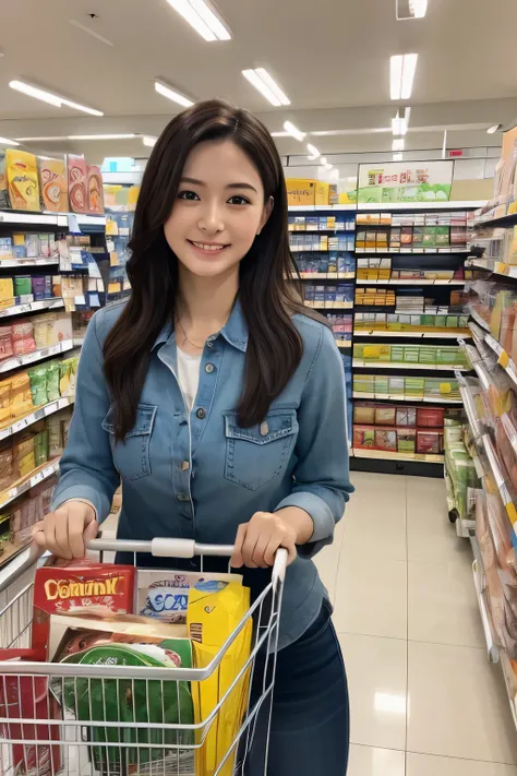 (RAW photo:1.2), (Photorealistic:1.4), best quality, masterpiece, high details, a high resolution, medium shot, 3/4 view, top down camera, in the supermarket, woman push the shopping cart to the checkout section, the cart has a lot of items, the cashier is...