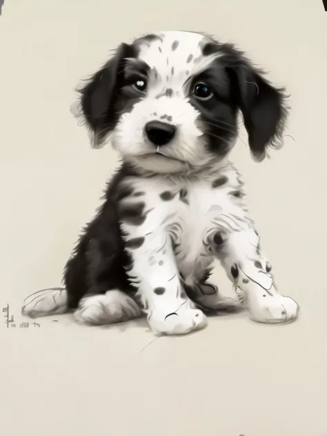 there is a drawing of a puppy sitting on the ground, Spot illustration, puppy, painting of cute dog, cute dog, spot点, drawn with photoshop, Wow, Very detailed, spot, author：Rainer Horsch, white with black spot点, powerful details, Ink illustration, fluffy&#...