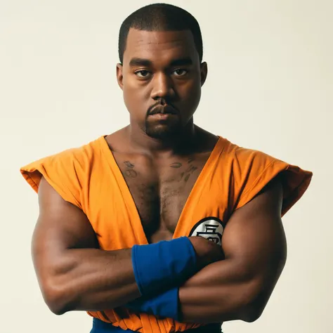 professional photo, kanye west dressed as a saiyan, dragon ball, saiyan outfit from dragon ball z, dark shadows, bokeh, dusk