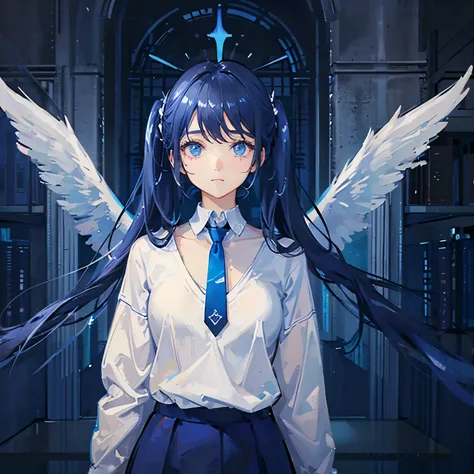 A girl with black hair and twin tails、have blue eyes。white shirt、wearing a light blue sweater、wearing a blue tie。He has cool angel wings on his back.。