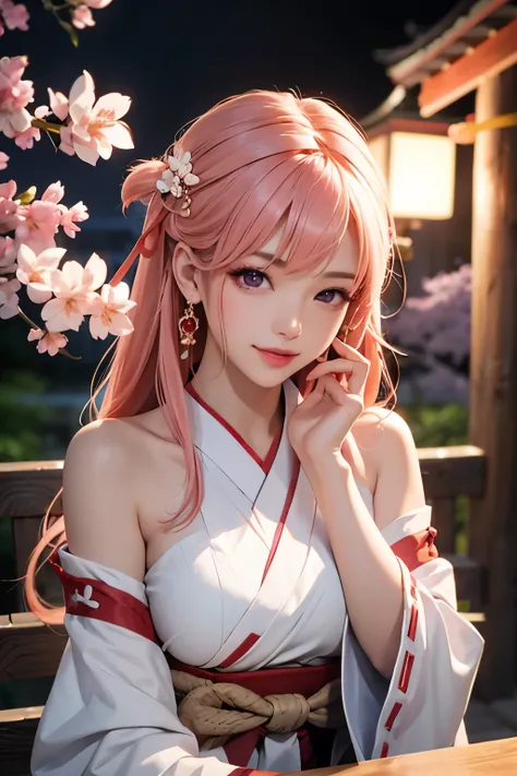 1 girl, (ulzzang-6500:0.7), K-pop idol, Yae Shrine Maiden, Separate sleeves, bare shoulders, pink hair, long hair, japanese clothes, best quality, (:1.5), (hair accessories:1.35), jewelry, purple eyes, earrings, breast, torii,  Cherry blossoms,  lantern li...