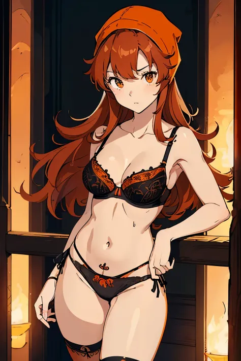 High resolution、highest quality、small height、small shoulder width、white skin、slender、long hair、brown orange hair、(maribel, red hair、brown orange hood)、thin thighs、(big boobs)、(((Sexual bra with detailed decoration、Sexual black panties with detailed decorat...