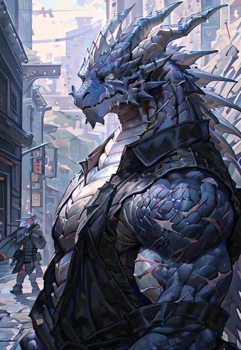 alone, Kanno, (dragon), Humanity, male, ((black body)), (black dragon),black fur, two colors, Scars on the face, With sunglasses on his head,Necklace hanging around the neck,(muscular body:1.3), There is a scar on the face, Handsome,side,(Scars on the face...