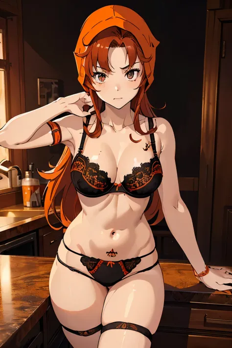 High resolution、highest quality、small height、small shoulder width、white skin、slender、long hair、brown orange hair、(maribel, red hair、brown orange hood)、thin thighs、(big boobs)、(((Sexual bra with detailed decoration、Sexual black panties with detailed decorat...