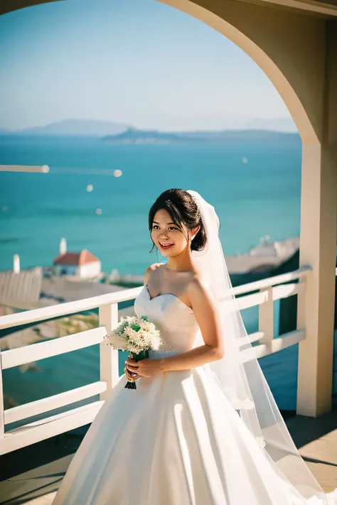 1 girl, mature woman, wedding style,Church with a view of the sea, bow, photograph, realistic, highest quality, detailed face, , building from the window, detailed background, diffused sunlight, Depth of the bounds written, Bokeh,white wedding dress,wear a...