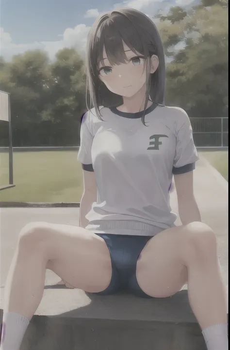 1 girl,alone,Youmu,white shirt,white socks, Gym suit,Dark blue bloomers, sports shoes, sitting, get your knees up,schoolyard,outdoor, blue sky,Sweat, front elevation
break
(masterpiece, highest quality,Super detailed,)