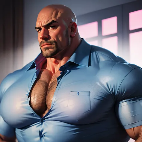 an exaggeratedly muscular and large bald bodyguard, (ripped collared blue shirt: 1.2), (one exposed pecs: 1.1), (bara pecs: 1.3), (hairy chest: 1.2), portrait HD, pink background light