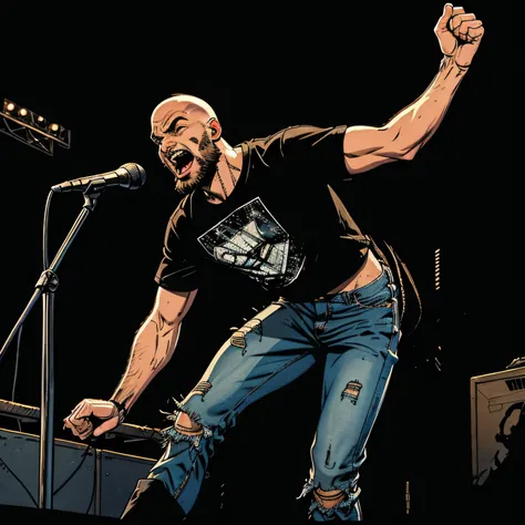 Nostalgic scene in the style of the 90s: a thin, bald young man with a beard, wearing a Grunge Is Dead T-shirt, ripped jeans and black boots. He performs on stage with a microphone. The crowd is delighted, cheering and screaming in a dimly lit, nostalgic a...