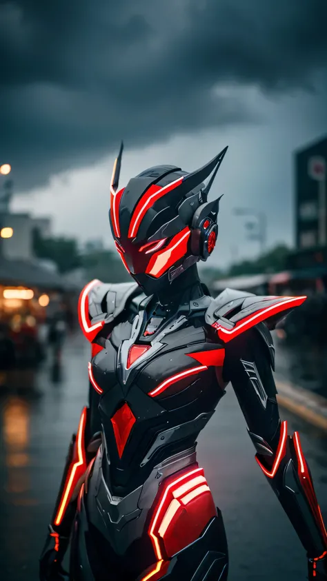 indonesian girl, WARFRAME, intricate pattern, heavy metal, faceless, glowing eyes, elegant, intense, blood red and black robot, solo, modern, city, streets, dark clouds, thunderstorm, heavy rain, mecha, beauty, sexy, , (masterpiece:1.2), best quality, high...