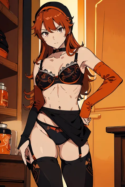 High resolution、highest quality、small height、small shoulder width、white skin、slender、long hair、brown orange hair、(maribel, red hair、brown orange hood)、thin thighs、(big boobs)、(((Sexual bra with detailed decoration、Sexual black panties with detailed decorat...