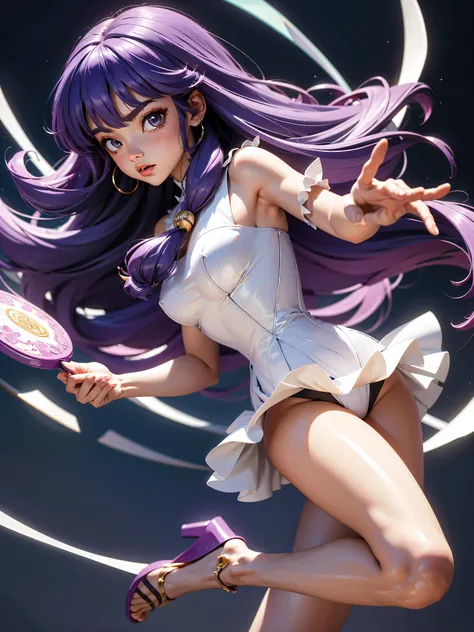 Garota anime de cabelo purple com saia vestido longo purple meio transparente e espartilho, 16 anos, corpo bonito, seios grandes, com hand in panties , hand in purple hair, Garota sexy, purple hair, mechas de cabelo laterais, mechas de cabelo na lateral do...