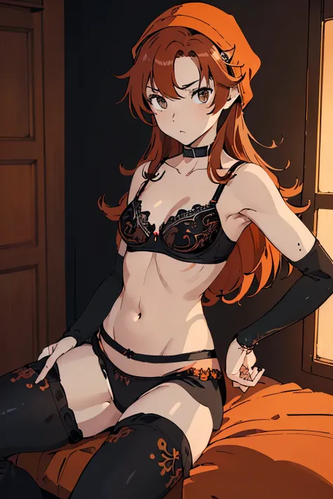 High resolution、highest quality、small height、small shoulder width、white skin、slender、long hair、brown orange hair、(maribel, red hair、brown orange hood)、thin thighs、(big boobs)、(((Sexual bra with detailed decoration、Sexual black panties with detailed decorat...