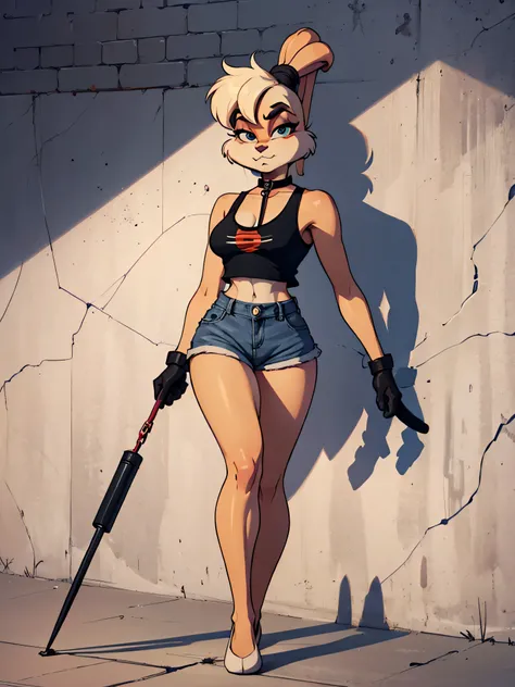 lola bunny, fluffy, animal nose, cartoon character, short black denim shorts, black biker leather gloves, black tank top, black sexy clothes, bunny ears, looking at viewer, walking on a panda leash, plain background, pink brick wall behind, high quality , ...
