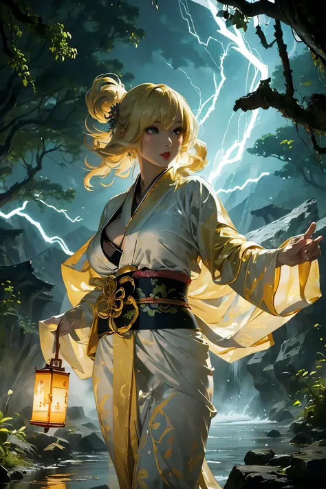 (8k, highest quality, masterpiece: 1.2), (realistic, realistic: 1.37), Super detailed, ((A bewitching female thunder god dancing in the sky:1))、((Female thunder god in sexy Japanese style kimono))、A sexy thunder god who controls lightning、((A sexy golden k...