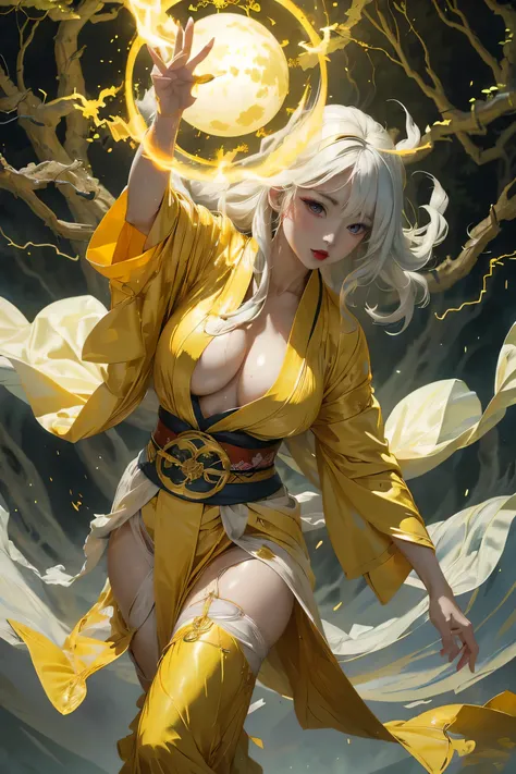 (8k, highest quality, masterpiece: 1.2), (realistic, realistic: 1.37), Super detailed, ((A bewitching female thunder god dancing in the sky:1))、((Female thunder god in sexy Japanese style kimono))、A sexy thunder god who controls lightning、((A sexy golden k...