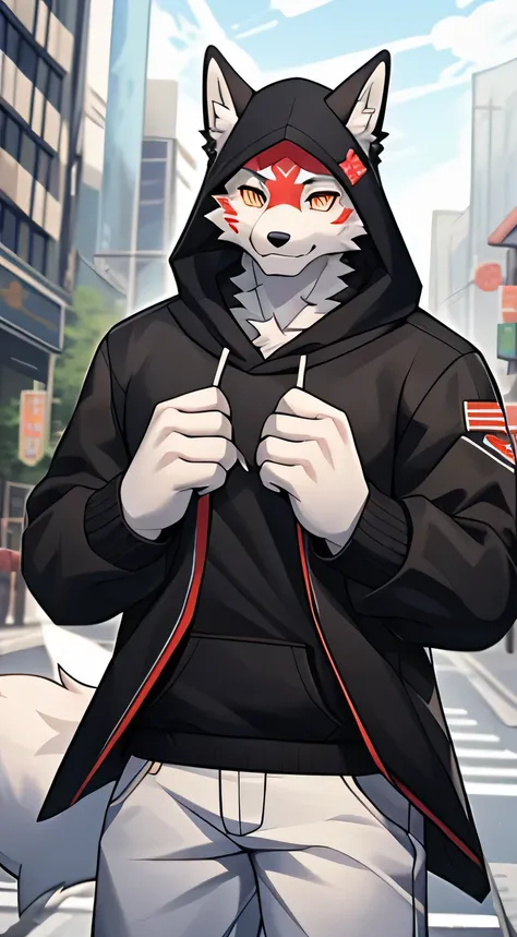 white fox，City，golden pupils，Handsome，have a better figure，Black casual wear，Say hello by chance，Cai Xukun&#39;s hood，mask