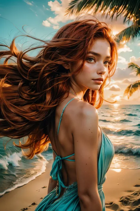 a girl with stunning red hair,standing alone on a deserted tropical island,surrounded by clear turquoise water and pristine sand...