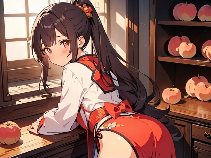 masterpiece, best quality, extremely detailed, anime, girl, hermit, chinese immortal clothes ,lots of peaches, cute butt, indoor...