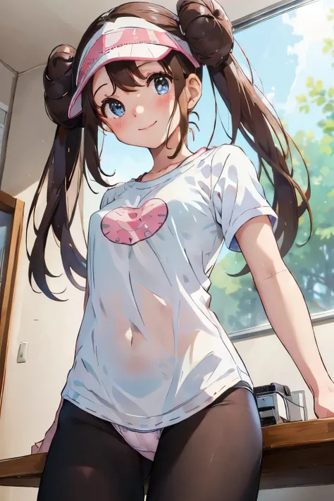 table top、highest quality、High resolution、1 girl、alone、low length、thin legs、shy、smile、blush、big 、dark brown hair、bun hair、blue eyes、long twin tails、visor cap、pink ribbon、white shirt、(white panties with detailed decorations)、clock、white bedroom、A photo of t...