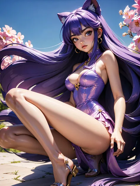 Garota anime de cabelo purple com saia vestido longo purple meio transparente e espartilho, 16 anos, corpo bonito, seios grandes, com hand in panties , hand in purple hair, Garota sexy, purple hair, mechas de cabelo laterais, mechas de cabelo na lateral do...