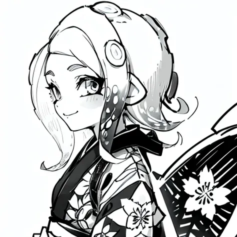 one girl,splatoon,smile,side angle,black and white,kimono,seiza,no background