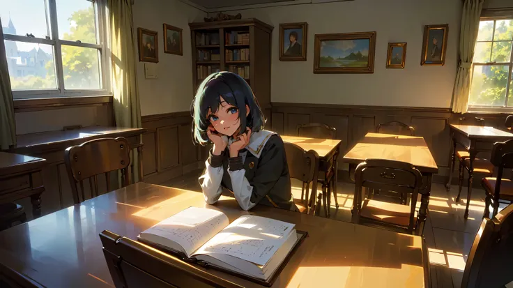 masterpiece, high quality, (medium hair, beautiful detailed eyes, beautiful detailed lips, uniform, content expression, sitting on a chair, leaning to the table, in a classroom, books and notebooks scattered on the table, sunlight streaming through the win...