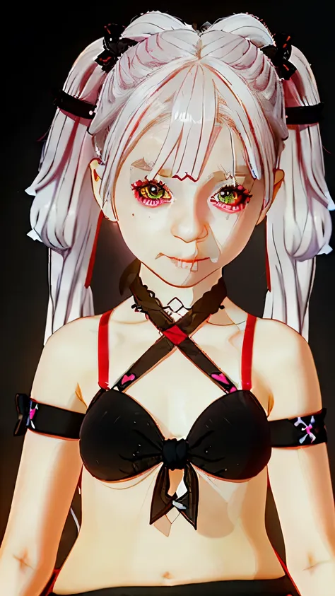 A five year old girl with pale skin and white hair with red pink streaks that is tied up with black ribbons into two twintails. Her eyes are black with red "X"-shaped pupils like.