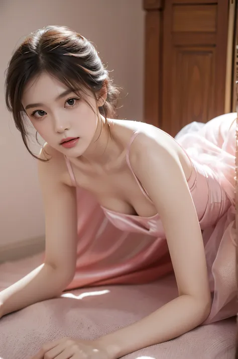 fair, masterpiece, best quality, extremely detailed face,1 girl, alone，pink sheer silk sleeveless tulle，whole body，on all fours