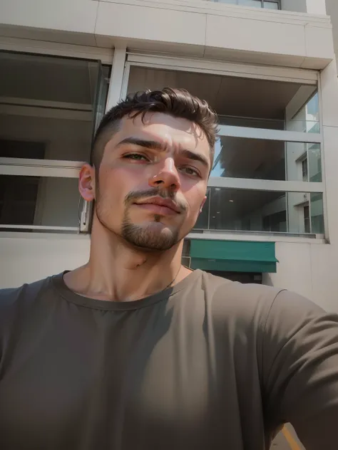 there is a man taking a selfie on the balcony of his 35th floor apartment, twitch streamer / jogador ludwig, imagem frontal, caio santos, Fotografia selfie 8k, imagem de qualidade muito baixa, restolho curto, selfie de um homem, Michael, astor alexander, f...