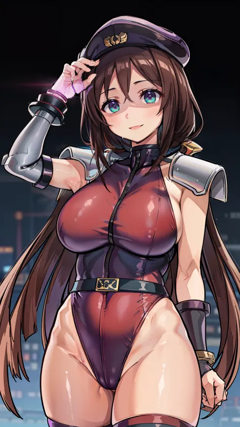 1 girl,NSFW,Tazuna Hayakawa ,peaked cap, thighhighs, cape, red leotard, clavicle, absurd, brainwashing,Combatant, empty eyes,((purple glowing eyes 1.5)),  ((huge breasts 1.8)) ,fearless smile,look down , whole body shape, ((spread both hands, stand up)),(h...