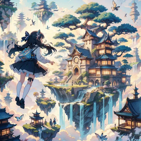 Anime girl flying over a city with waterfalls and waterfalls, anime fantasy illustration, anime fantasy artwork, japanese fantasy, Beautiful artwork illustration, land floating in the clouds, High-definition official artwork, 2. 5 d cgi anime fantasy artwo...