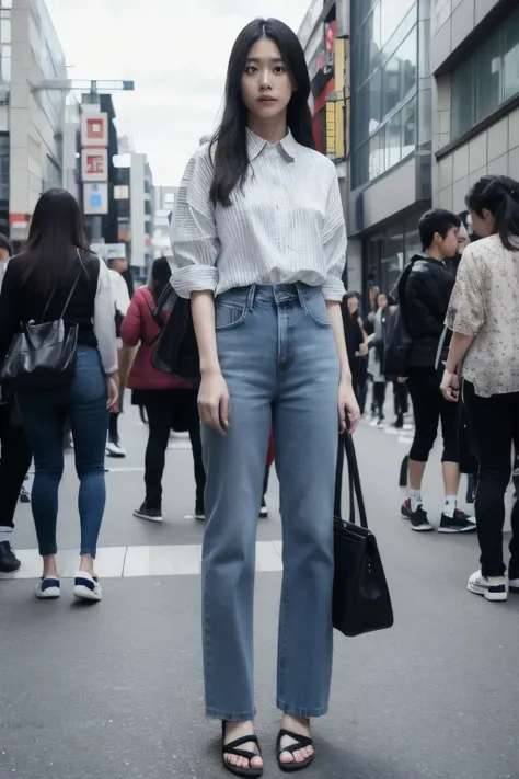 Day本人女性, look at the audience, long hair, shirt, jeans, cloud, Day, null,outdoor, Shibuya, scenery, Scramble crossing