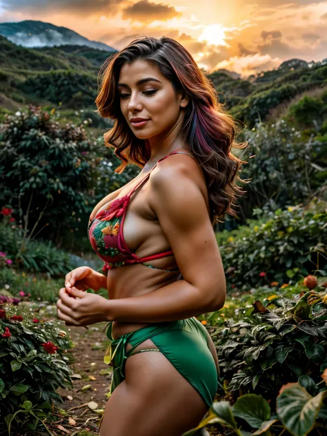 (a)Colombian mature lady,(colorful, vibrant)floral lingerie,picking coffee beans,mountains,(early hours, sunrise),stunning view,serene atmosphere,(lush, green)foliage,(misting, foggy),fresh coffee aroma,(peaceful, tranquil)ambience,(womans gentle, precise ...