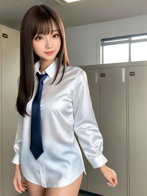 product quality, 1girl, upper body shot, front view, a Japanese young pretty girl, long bob hair, standing bent forward with a big smile in a high school locker room, glamorous figure, wearing a white collared shiny satin shirt of long sleeves over white s...