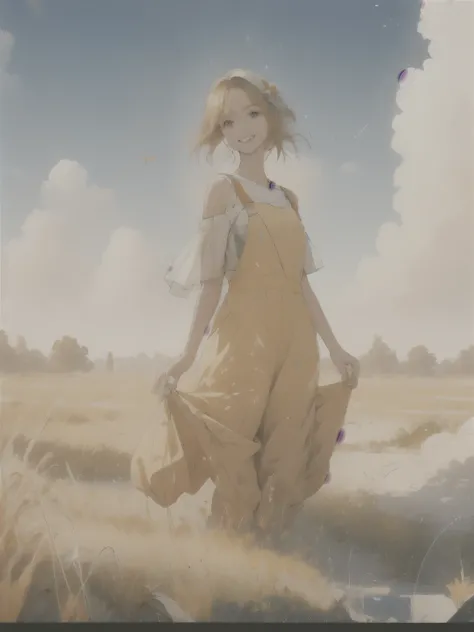 composition： The protagonist of the picture is a dark blonde girl，Her hair reaches her shoulders，naturally blowing in the wind。She wears a unique painter&#39;s dress，Loose classic white top and orange shorts，and orange shoulder straps，Reflect her artistic ...