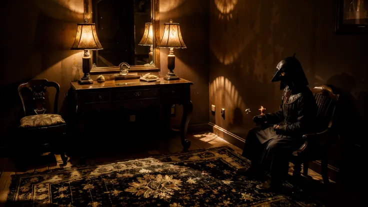 a lonely dark figure in the shadow backlited in an old and vitorian house with wood furniture lighted by lampshades, low light
