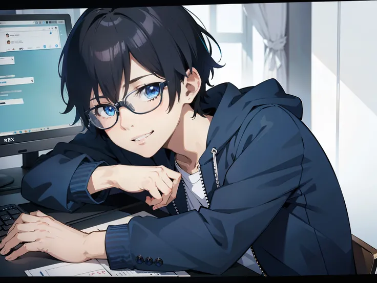 Anime, 1boy, blue jacket, short hair, black hair, looking at viewer, smiling, glasses, computer desk, sitting , blue eyes