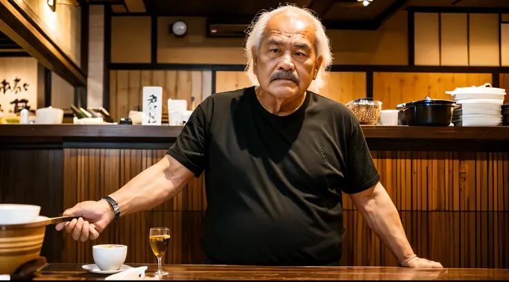 A filthy elderly man in his 60s with an abnormally fat and mean face at a tonkatsu restaurant.