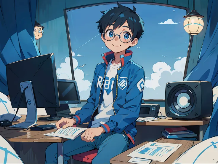 Anime, 1boy, blue jacket, short hair, black hair, looking at viewer, smiling, glasses, computer desk, sitting , blue eyes