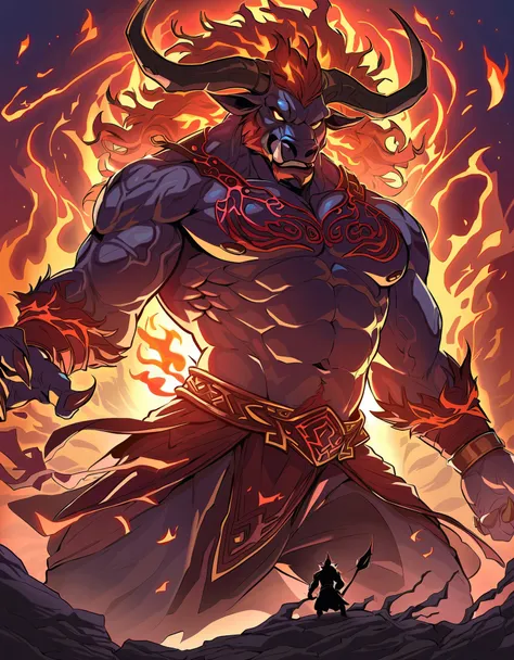 ox:male:muscle,anger towards humans,fighting spirit,preparing for battle,express anger with flames,cool illustration,anatomicall...