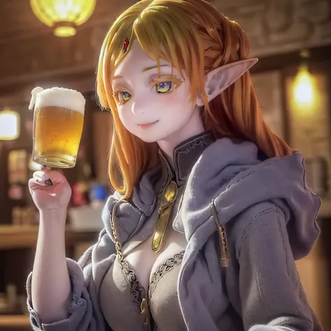 (realistic:1.2),beautiful detailed elf,long flowing hair,Uncle Sui from another world,at a bar,ultra-detailed eyes,pointed ears,flowing cloak,dreamlike background,ethereal atmosphere,soft lighting,subtle reflections,expressive facial features,elven jewelry...